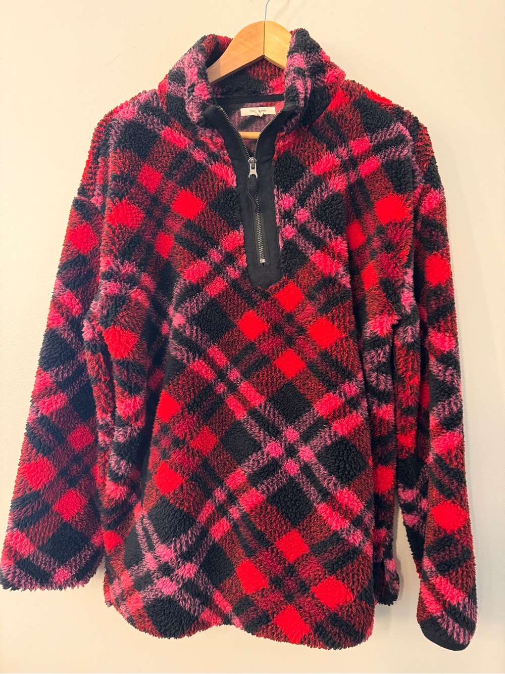 Maurices Red & Black Plaid Plush Half-Zip Mock Neck Pullover Medium